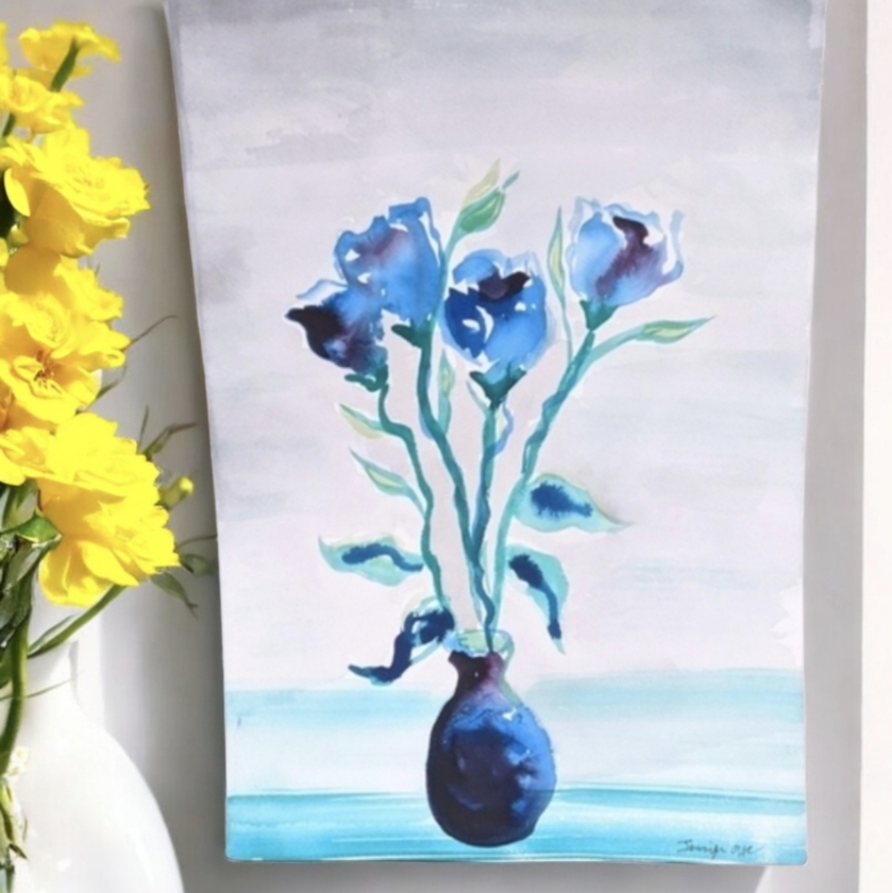 Original Signed Watercolor Painting Blue Roses In Vase